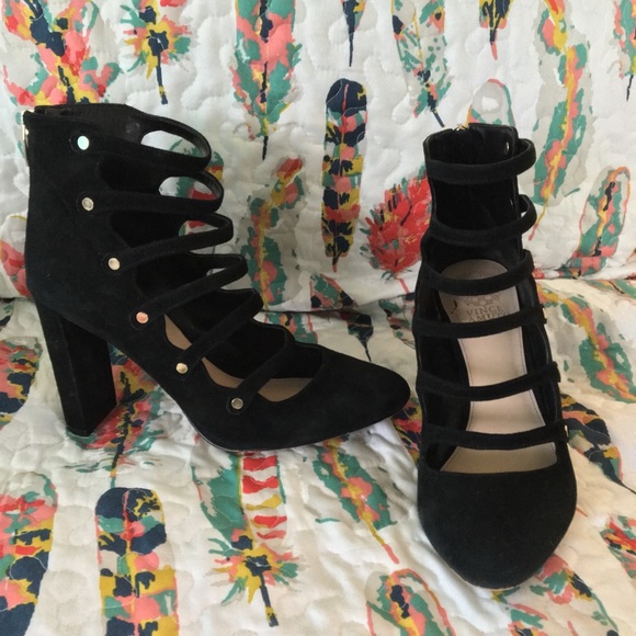 Vince Camuto Shoes - Vince Camuto Suede Gold button block black heel